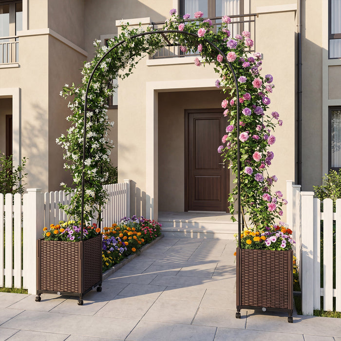 Garden Arch Trellis with 2 Self-watering Planter Boxes PE-coated Metal Arbor-