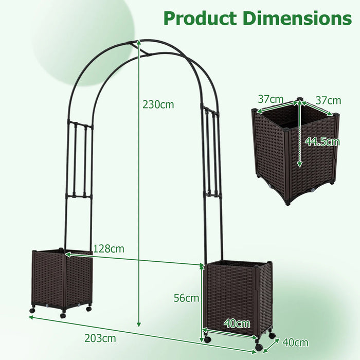 Garden Arch Trellis with 2 Self-watering Planter Boxes PE-coated Metal Arbor-