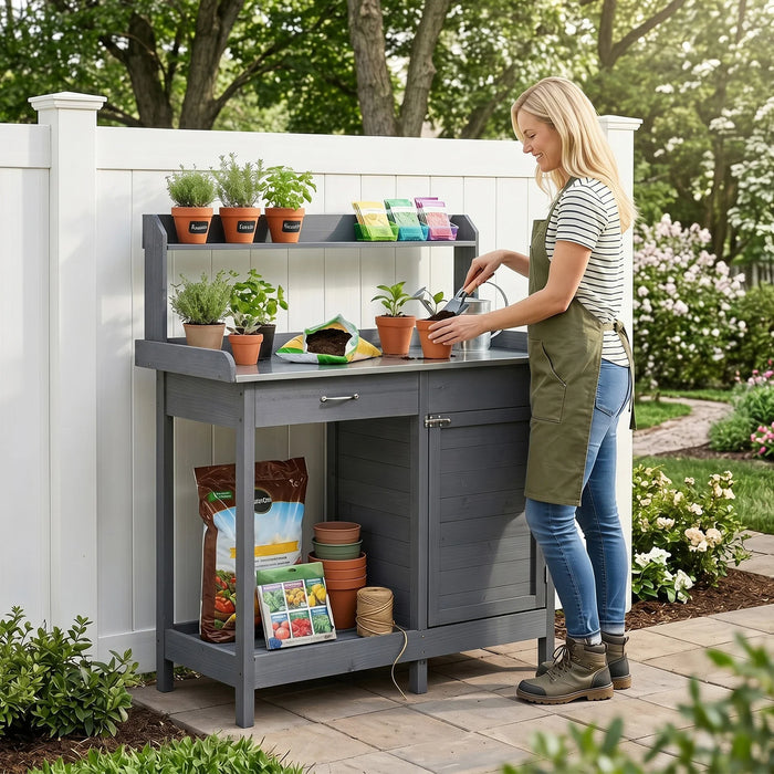 Garden Potting Bench with Stainless Steel Top and Lockable Cabinet for Yard-