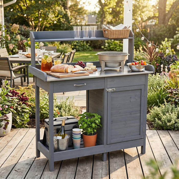 Garden Potting Bench with Stainless Steel Top and Lockable Cabinet for Yard-