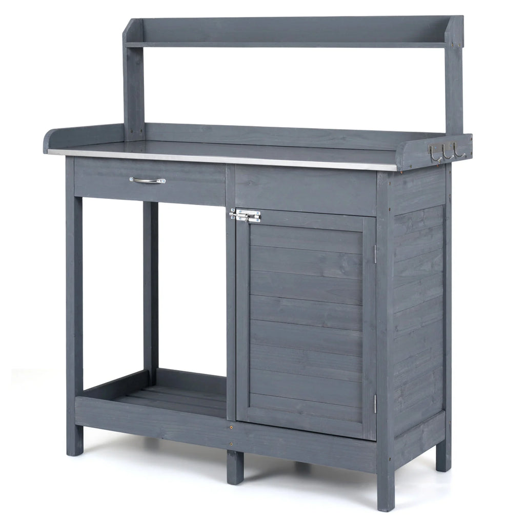 Garden Potting Bench with Stainless Steel Top and Lockable Cabinet for Yard-
