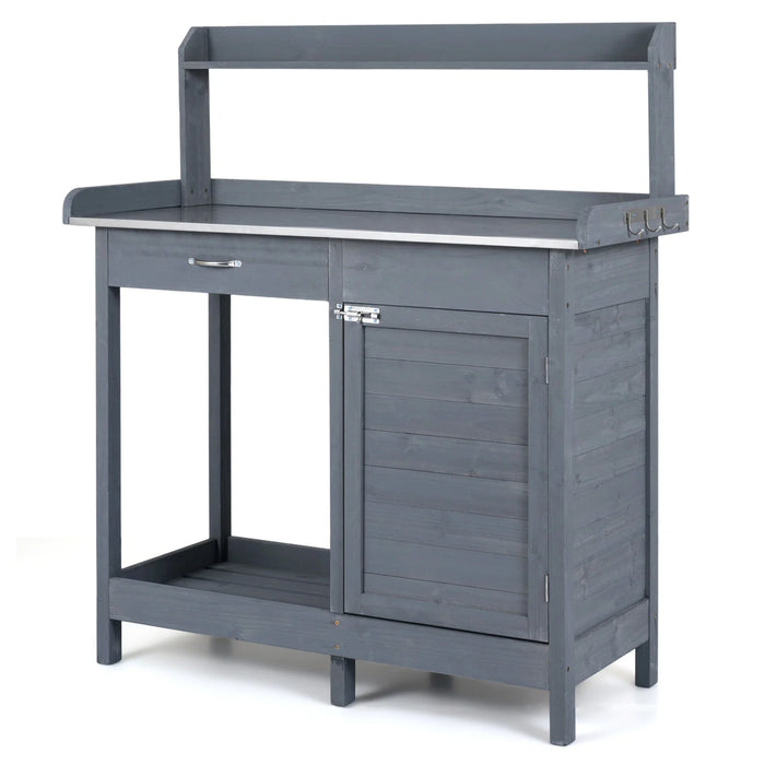 Garden Potting Bench with Stainless Steel Top and Lockable Cabinet for Yard-