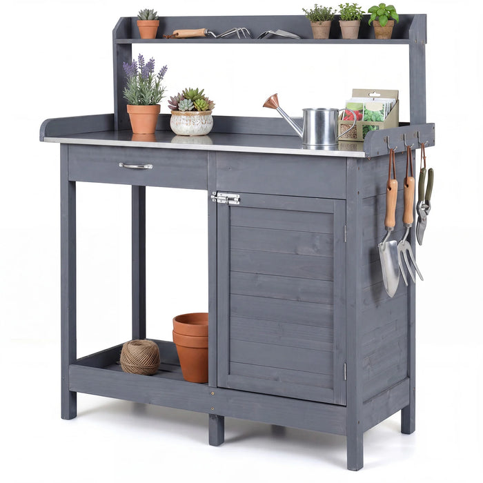 Garden Potting Bench with Stainless Steel Top and Lockable Cabinet for Yard-