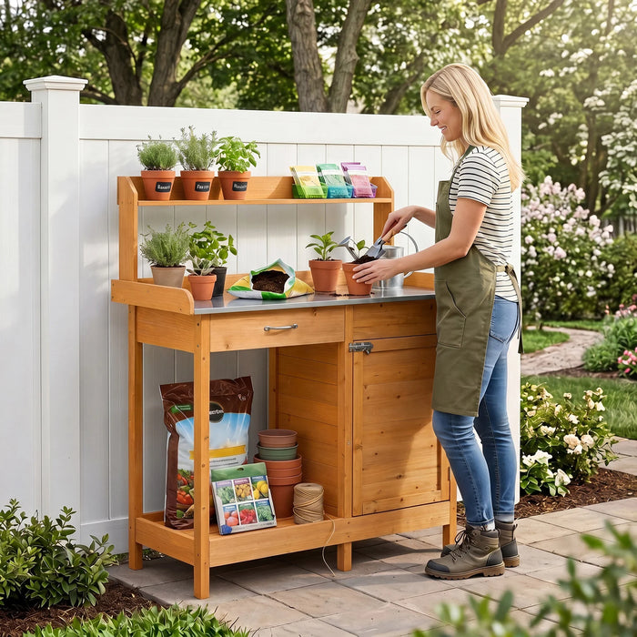 Garden Potting Bench with Stainless Steel Top and Lockable Cabinet for Yard-