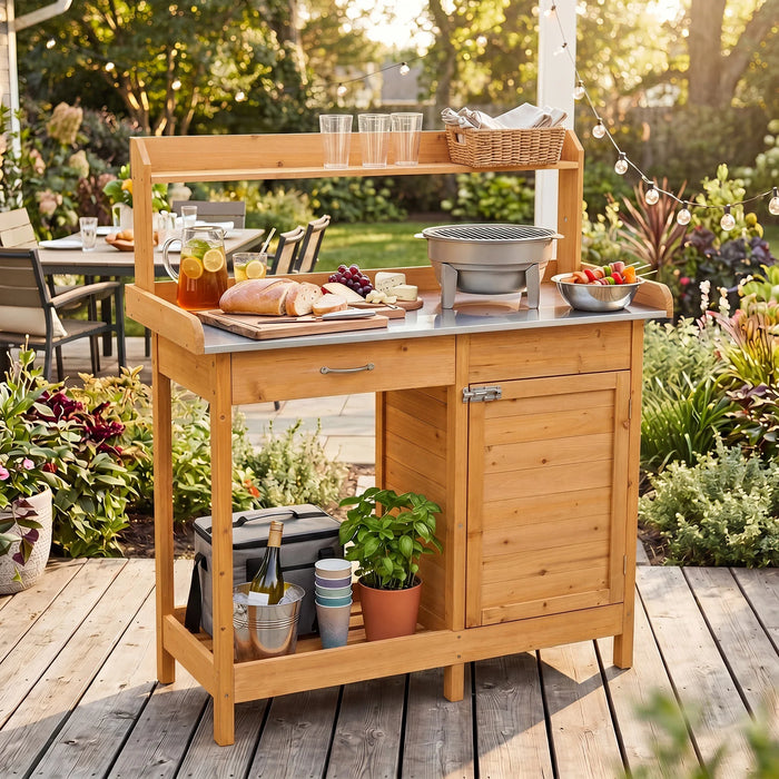Garden Potting Bench with Stainless Steel Top and Lockable Cabinet for Yard-