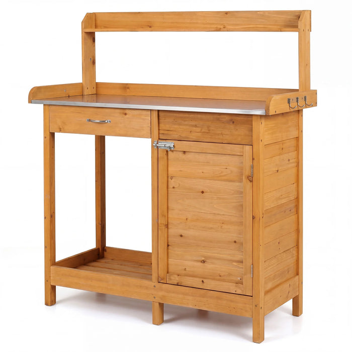 Garden Potting Bench with Stainless Steel Top and Lockable Cabinet for Yard-