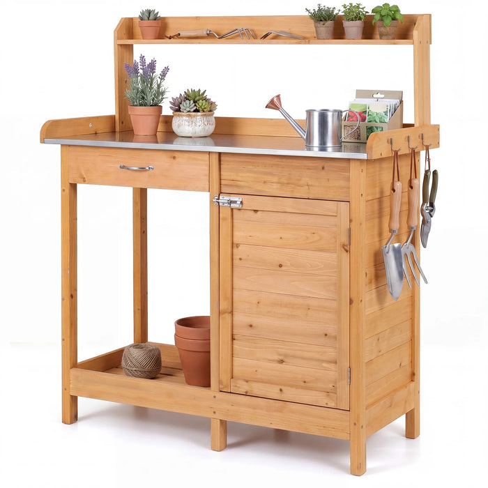 Garden Potting Bench with Stainless Steel Top and Lockable Cabinet for Yard-