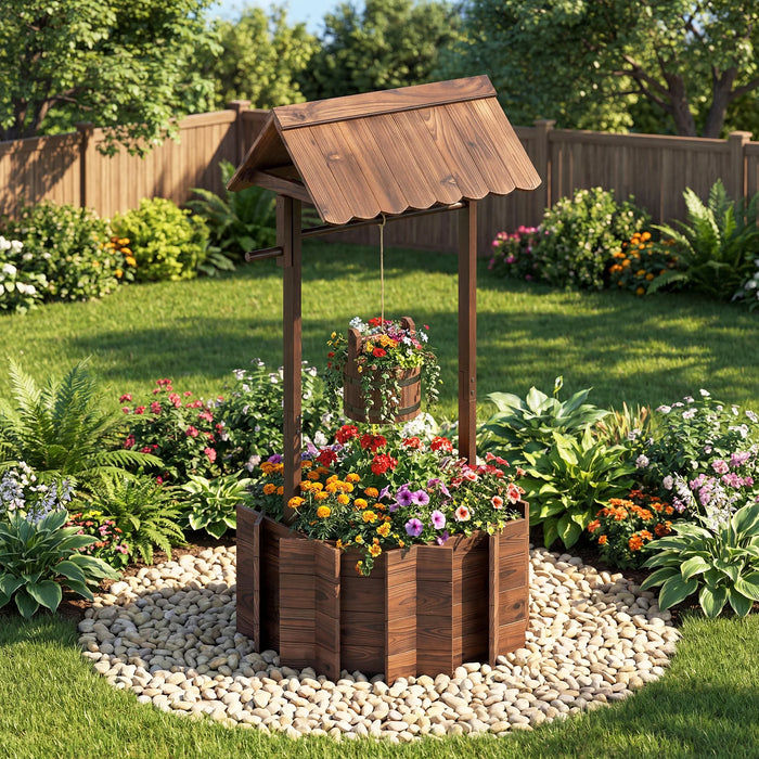 Garden Wooden Wishing Well Bucket with Hanging Bucket Planter-