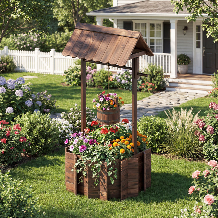 Garden Wooden Wishing Well Bucket with Hanging Bucket Planter-