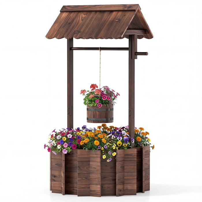 Garden Wooden Wishing Well Bucket with Hanging Bucket Planter-