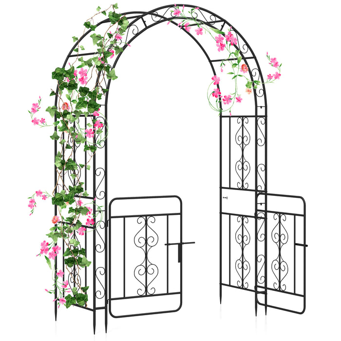 Garden Arbor with Gate and Multiple Side Crossbars for Decoration-