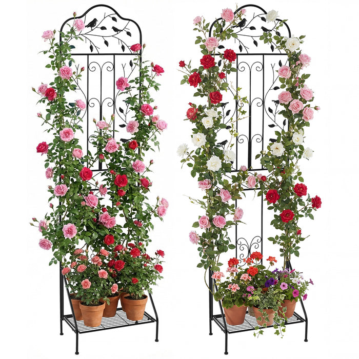 Garden Trellis with Foldable Shelf and Anti-Tipping Device-Black-1 Pack