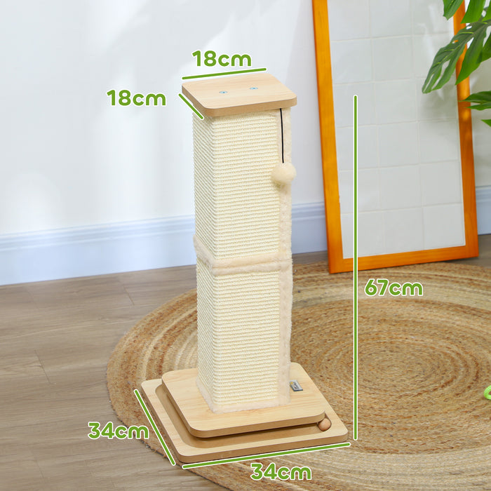 PawHut 3 in 1 Cat Scratching Post, 67cm Cat Scratcher w/ Track Ball Toy, Oak | Aosom UK