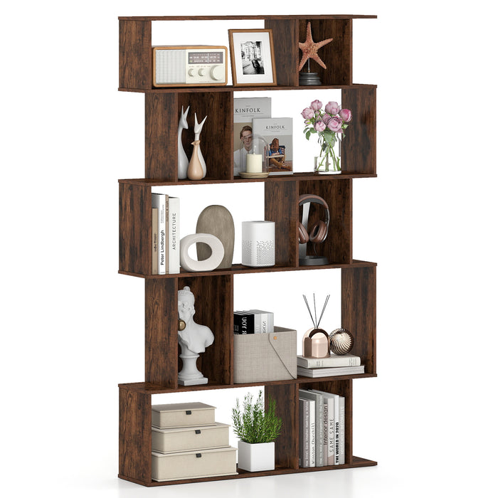 Geometric Bookshelf 5-Tier Bookcase with Open Shelves and Closed-back Cubes-Rustic Brown