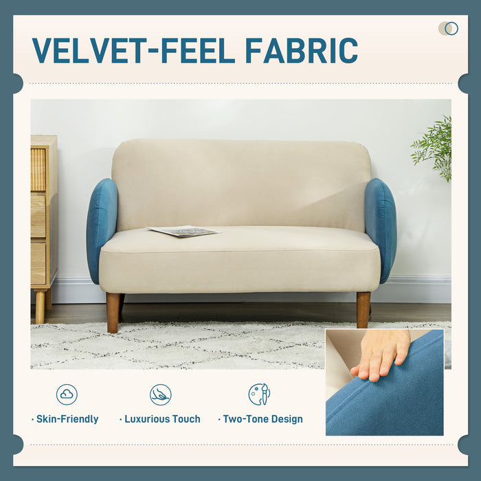 HOMCOM Small 2 Seater Sofa, Modern Nordic Loveseat Sofa Couch with Rubber Wood Legs, Velvet Fabric Sofa for Living Room, Bedroom, Small Space, 128 x 71 x 74cm, Cream White and Blue