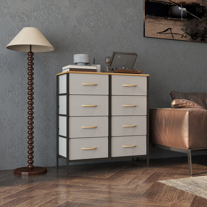 HOMCOM Fabric Chest of Drawers, Industrial Storage Bedroom Dresser with 8 Fabric Drawers, Steel Frame and Wooden Top for Nursery, Living Room, Hallway, Cream White