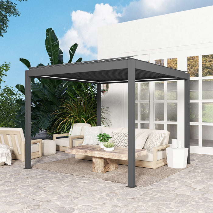 Outsunny 3 x 3(m) Electric Louvered Pergola with LED Lights, Aluminium Pergola Hardtop Gazebo with Remote, Adjustable Roof and Drainage System, Water and UV Proof