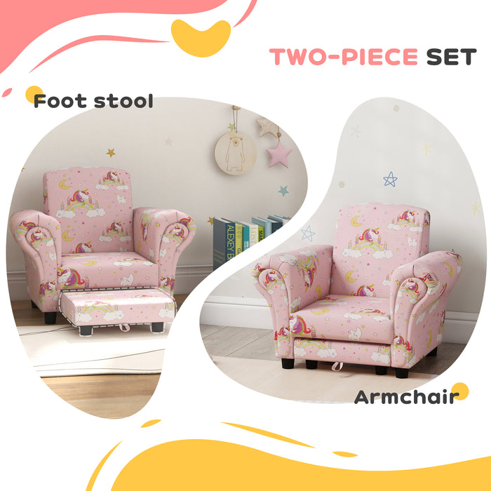 Kids Unicorn-Themed Sofa Set - 2 Pieces with Sturdy Wooden Frame, Perfect for Toddlers 1.5-3 Years - Comfortable and Adorable Seating for Young Children in Pink