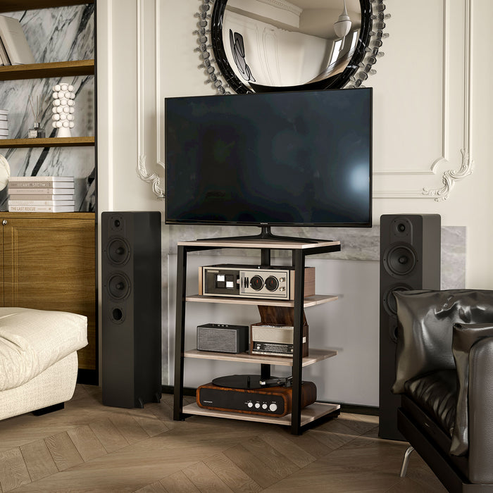 28 Inch Corner TV Stand Cabinet - Adjustable Open Shelves & Cable Management - Grey Entertainment Unit for Living Rooms