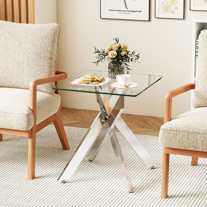 Glass Side Table with Tempered Glass Top and Metal X Base-