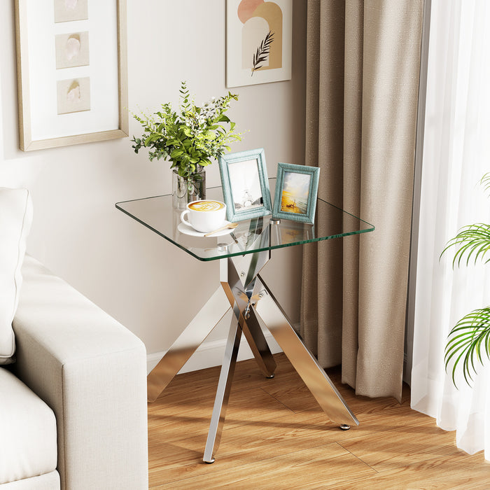 Glass Side Table with Tempered Glass Top and Metal X Base-