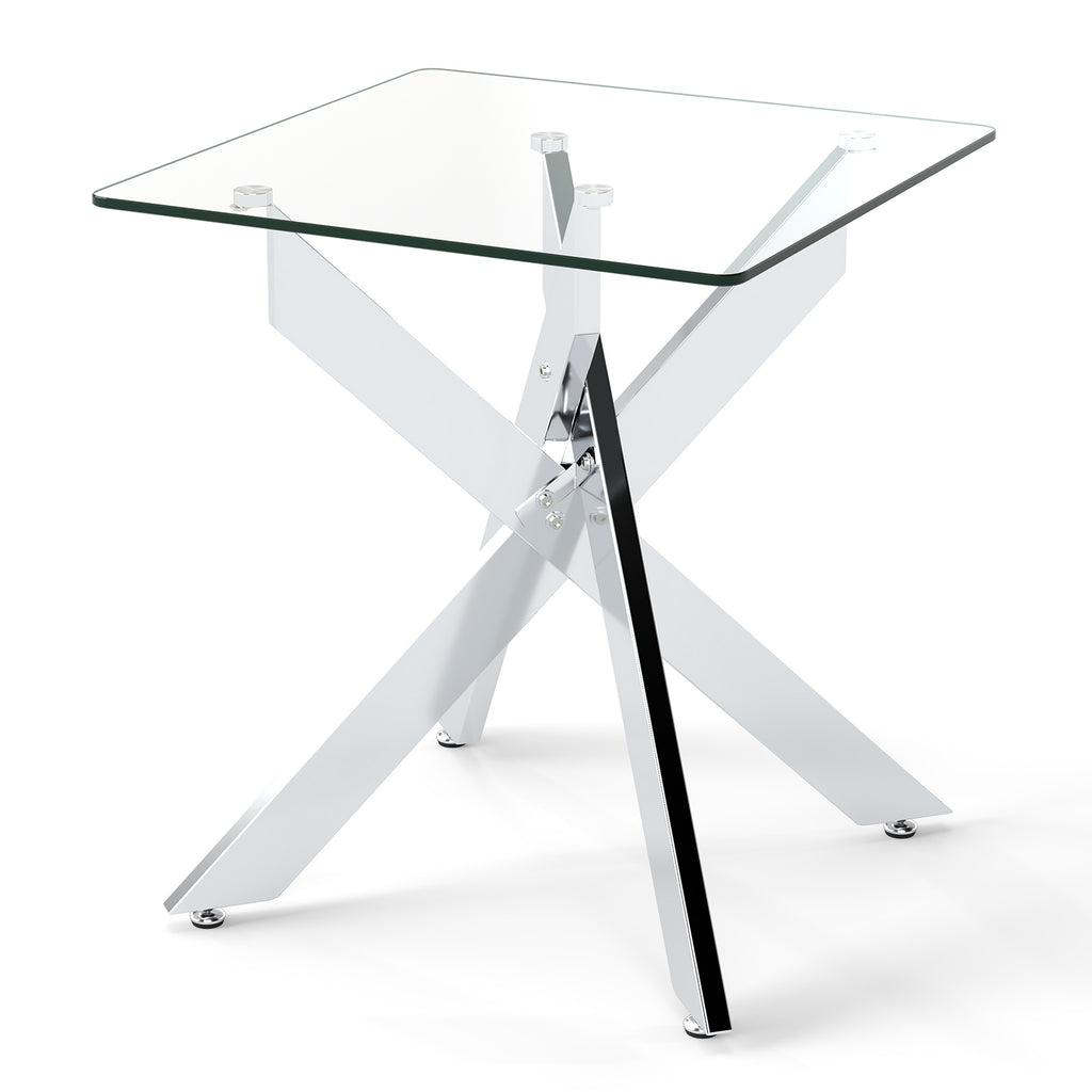 Glass Side Table with Tempered Glass Top and Metal X Base-