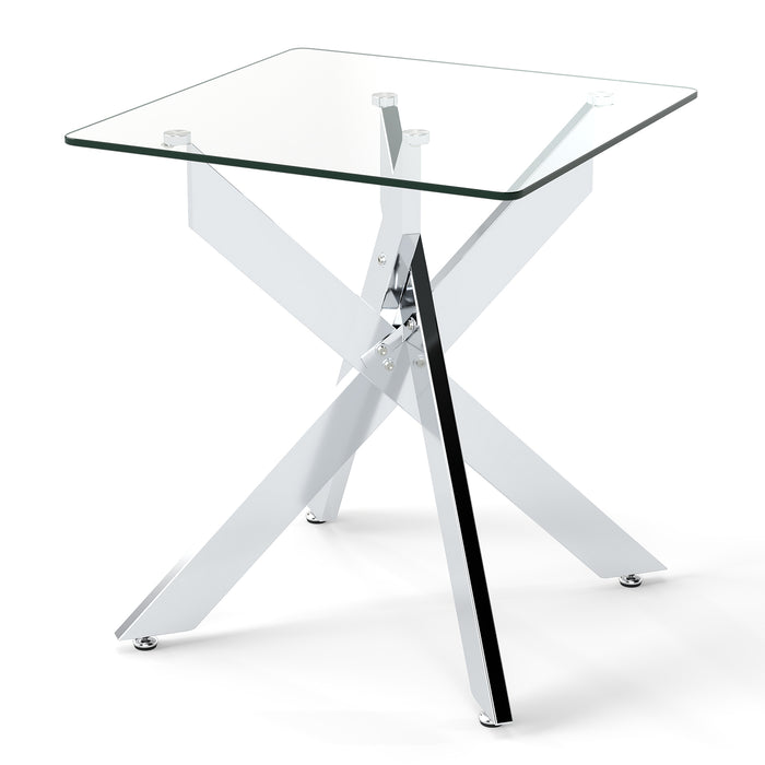 Glass Side Table with Tempered Glass Top and Metal X Base-