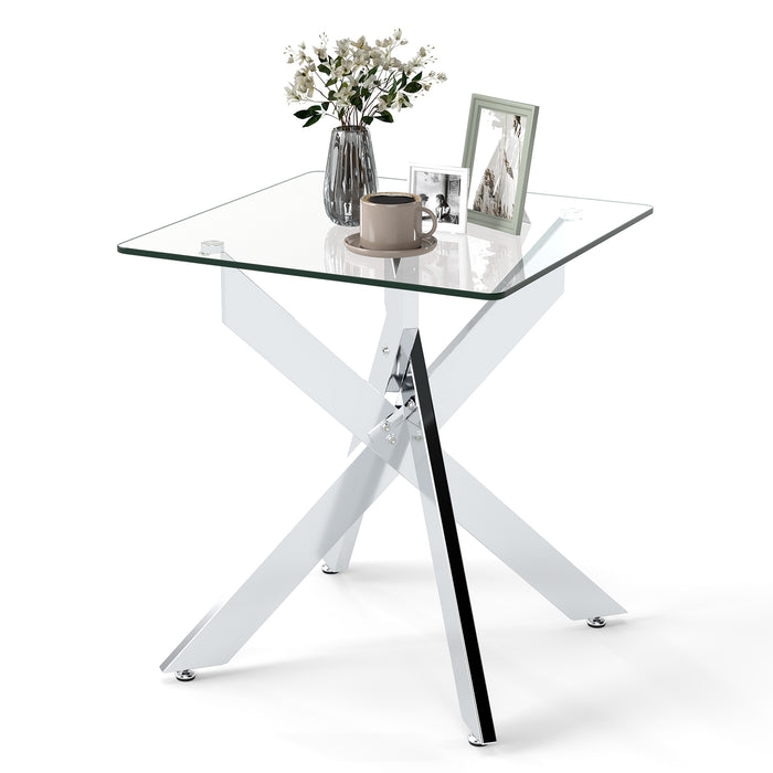 Glass Side Table with Tempered Glass Top and Metal X Base-
