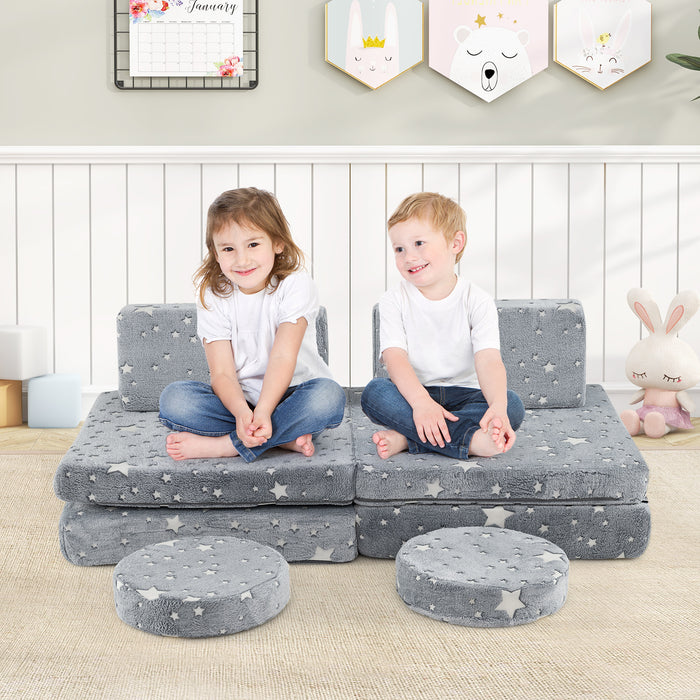 Glow in the Dark Modular Kids Play Couch Set with Machine-washable Flannel Covers and Portable Handles-