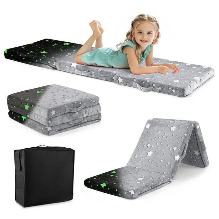 Kids Glow in the Dark Foldable Floor Mattress with Washable Flannel Cover-