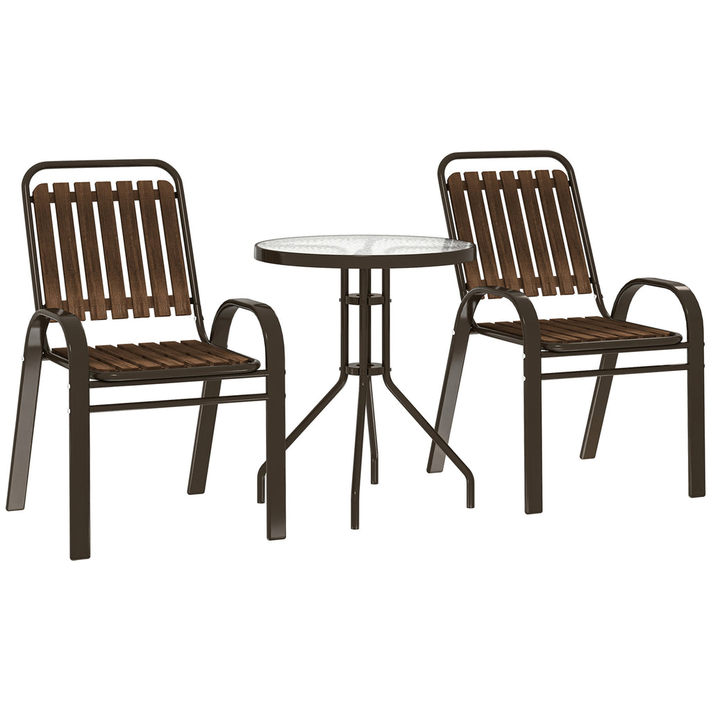 Outsunny 3 Pieces Patio Bistro Set with Stackable Chairs, Tempered Glass Table, for Outdoor, Balcony, Patio, Garden, Dark Brown