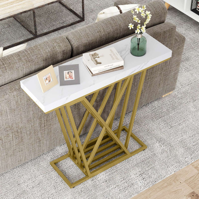 Gold Console Table Modern Sofa Table with Faux Marble Rectangular Tabletop-