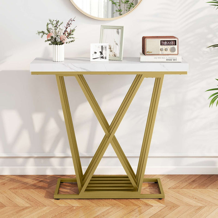 Gold Console Table Modern Sofa Table with Faux Marble Rectangular Tabletop-