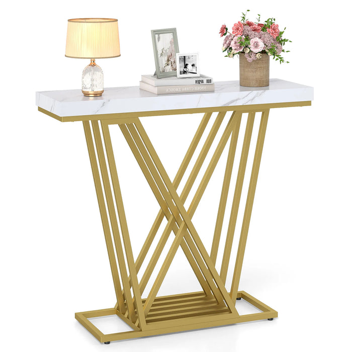 Gold Console Table Modern Sofa Table with Faux Marble Rectangular Tabletop-
