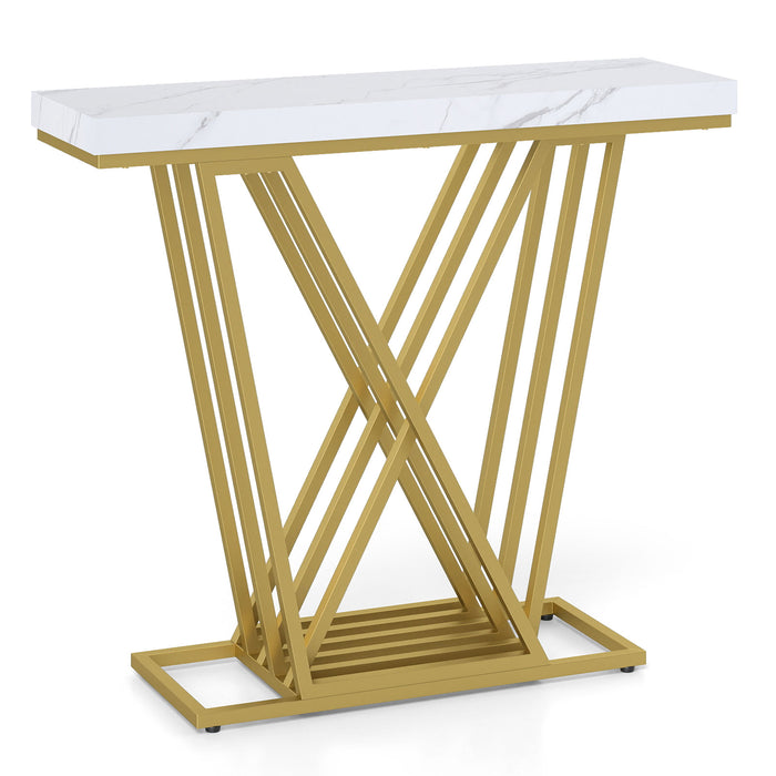 Gold Console Table Modern Sofa Table with Faux Marble Rectangular Tabletop-