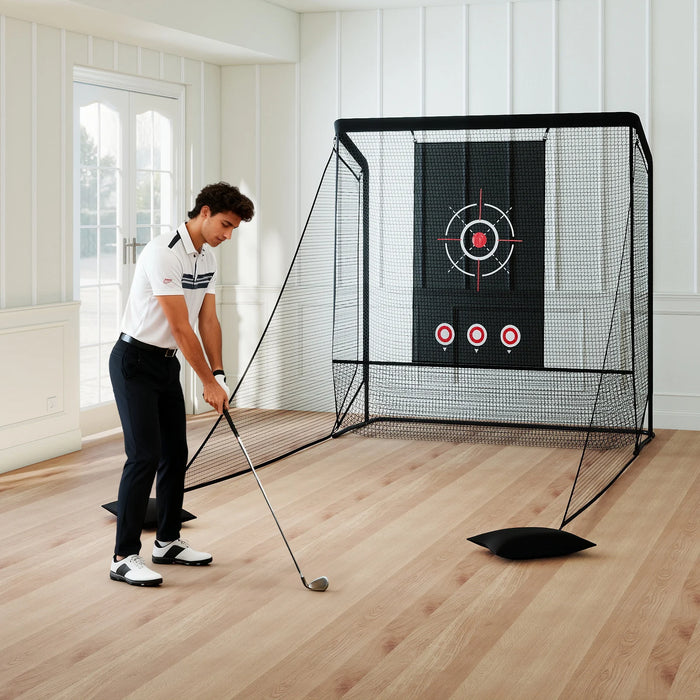 Golf Practice Net with Dual Side Barriers and Sand Bags for Backyard