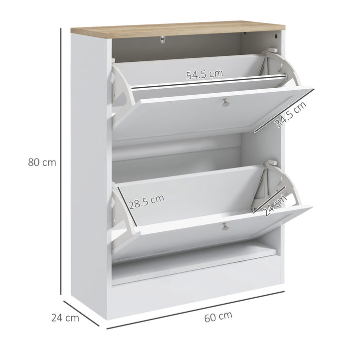 HOMCOM Narrow Shoe Cabinet with 2 Flip Drawers and Adjustable Shelves - White