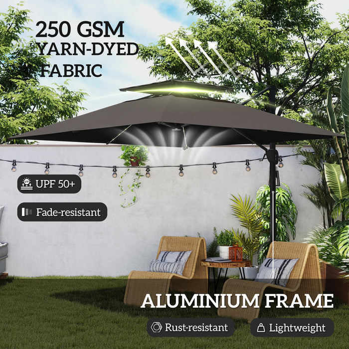 Outsunny 3.5x3 m Garden Cantilever Parasol with Solar LED Lights and Centre Light, Aluminium Large Square Patio Umbrella, UPF50+ Hanging Sun Shade with Cross Base, Crank Handle and Tilt, Grey
