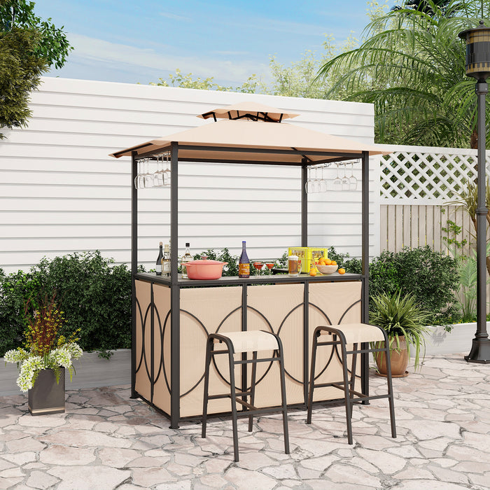 Grill Gazebo and 2 Bar Stools with Tempered Glass Bar Table for Patio Poolside Garden-