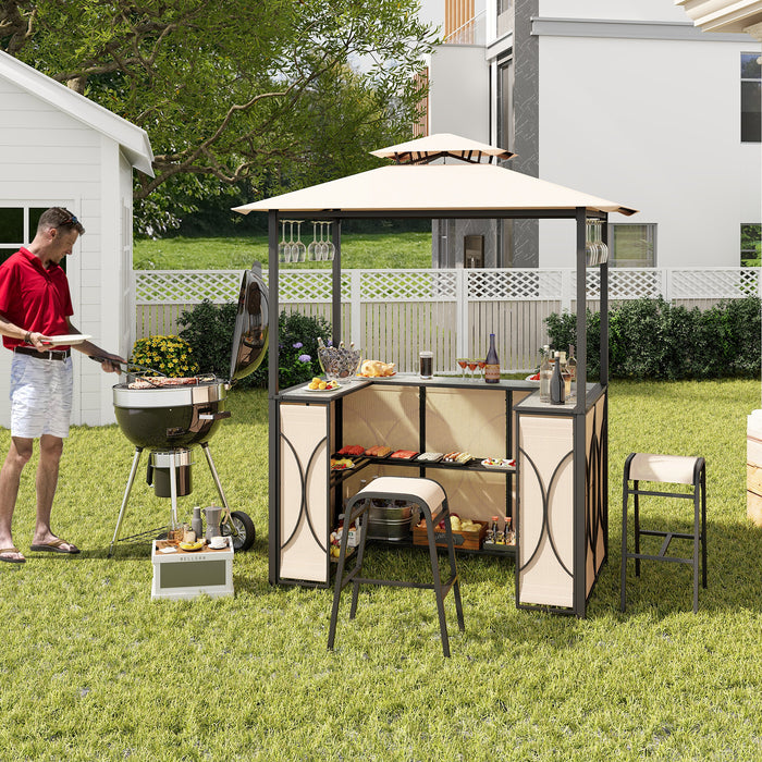 Grill Gazebo and 2 Bar Stools with Tempered Glass Bar Table for Patio Poolside Garden-