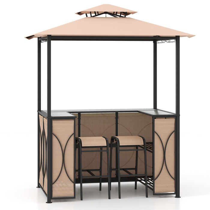 Grill Gazebo and 2 Bar Stools with Tempered Glass Bar Table for Patio Poolside Garden-