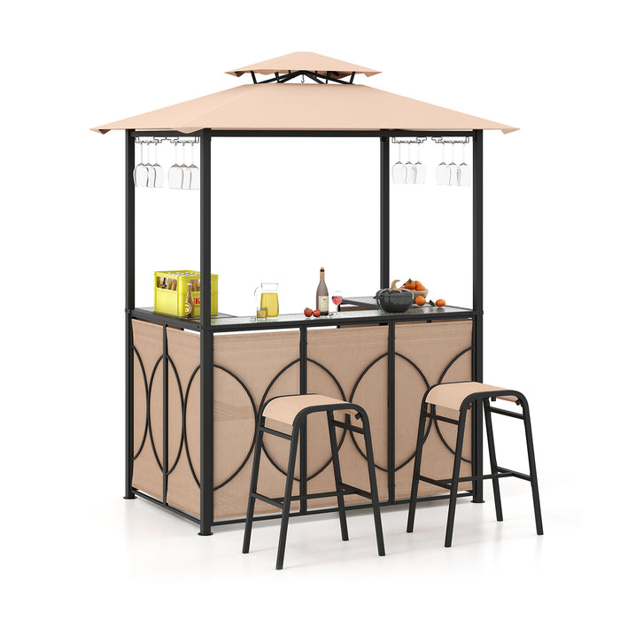 Grill Gazebo and 2 Bar Stools with Tempered Glass Bar Table for Patio Poolside Garden-