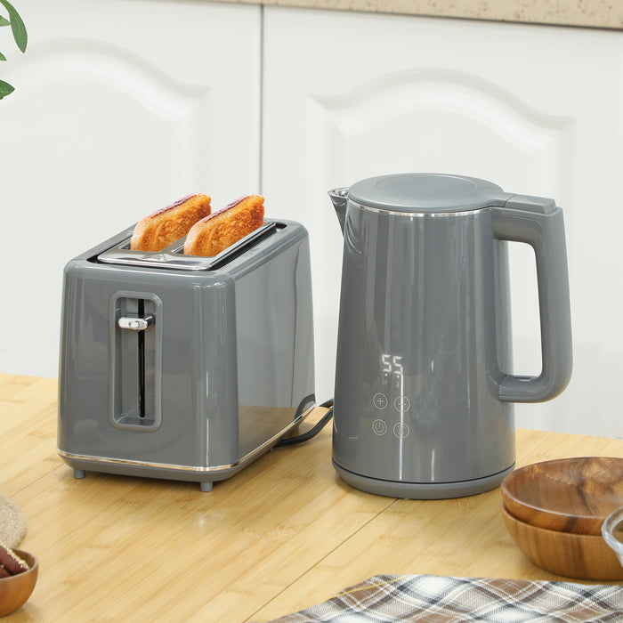 HOMCOM Digital Kettle and Toaster Set, 1.5L 3000W Fast Boil Kettle, 2 Slice Toaster Kitchen Set with 7 Level Browning Controls, Defrost, Reheat, Keep Warm, Crumb Tray and LED Touch Display, Grey