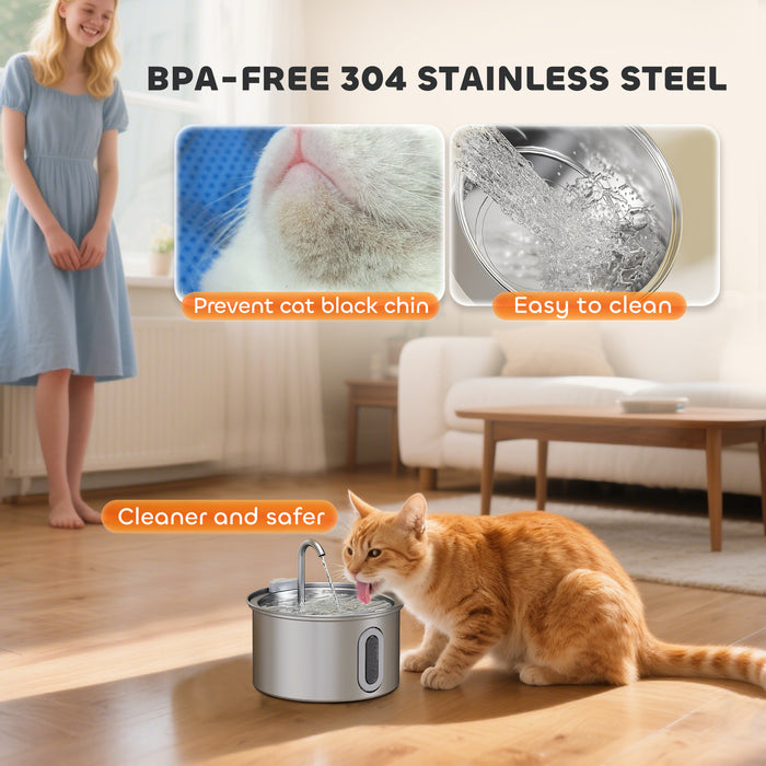 PawHut 2.5L Stainless Steel Cat Water Fountain for Drinking with Ultra-Silent Pump, Water-Level Window, Filters