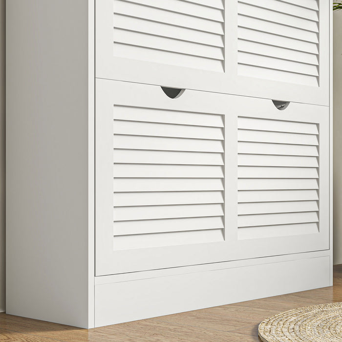 HOMCOM 2 Drawers Entryway Shoe Cabinet, Narrow Shoe Storage Cabinet with 2 Flip Drawers, Louvred Door Design and Adjustable Shelves for 16 Pairs of Shoes, White