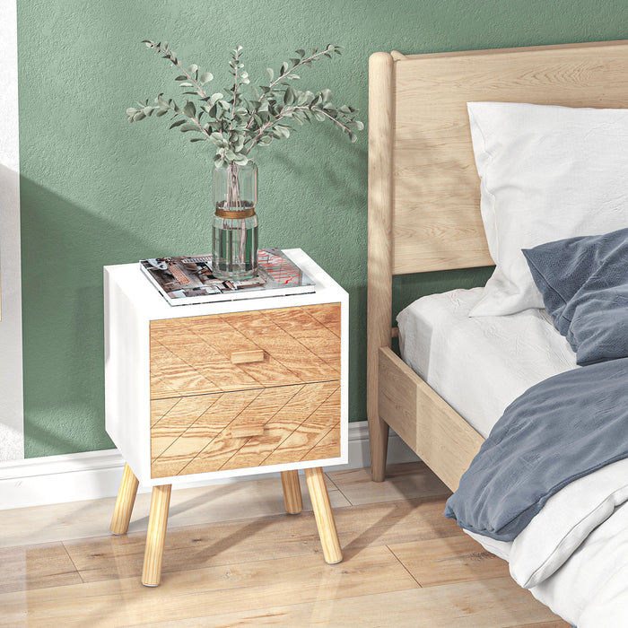 HOMCOM Bedside Table Set of 2, Modern Bedside Cabinets with Drawer and Pine Wood Legs, Nightstand for Bedroom, White and Natural