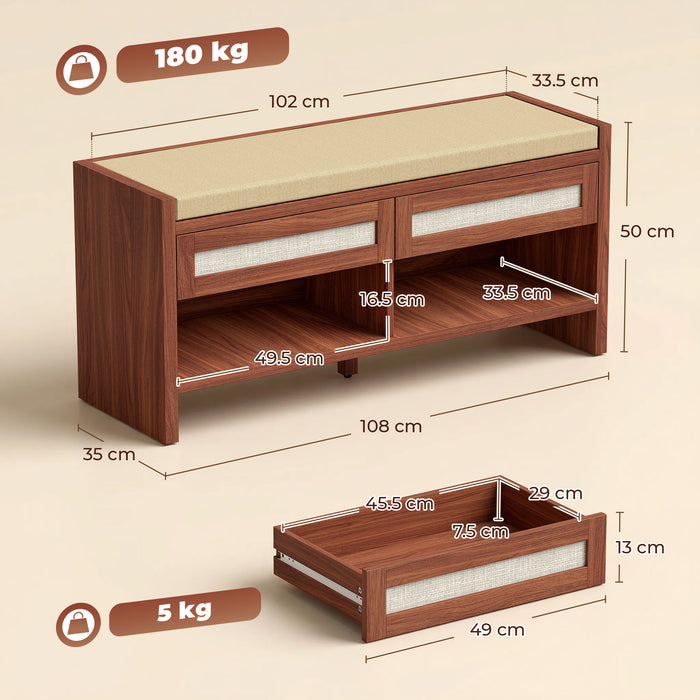 HOMCOM Boho Shoe Bench with 2 Rattan Drawers, Shoe Storage Bench with Cushioned Seat and Open Shelf Brown