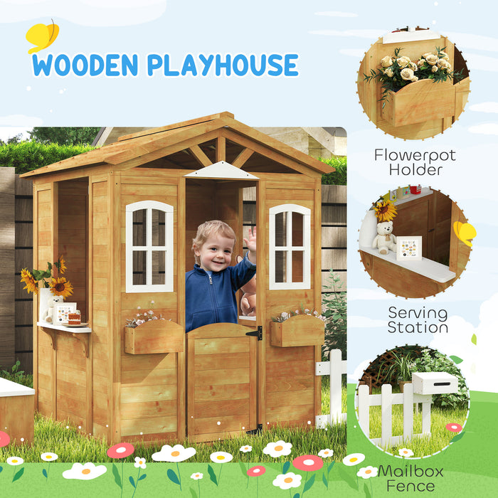 Outsunny Wooden Playhouse for Kids with Door, Windows, Mailbox, Flower Pot Holder, Serving Station, Bench for Children, Yellow