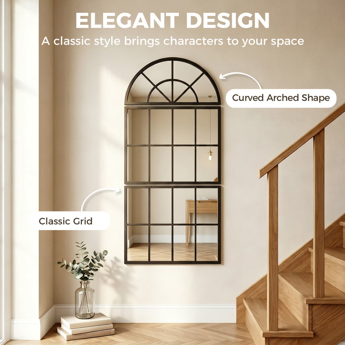 HOMCOM Large Arched Wall Mirror with Metal Grid, 3-Piece Split Window Mirrors, 120 x 54 cm, Black