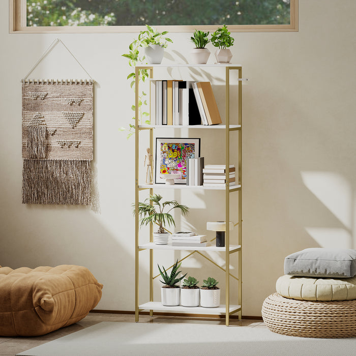 HOMCOM 5-Tier Bookshelf, Modern Bookcase with Metal Frame - White and Gold Tone